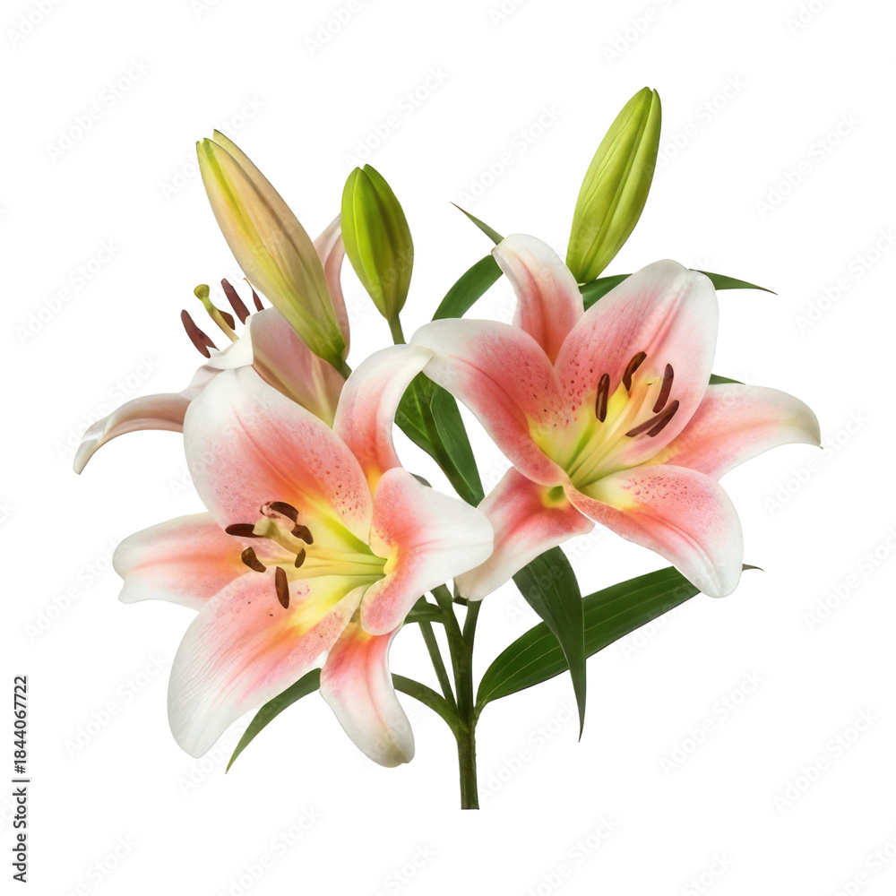 Naklejka premium A bouquet of pink and white lilies with green leaves png transparent
