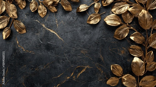 Golden leaves frame on dark marble; elegant background