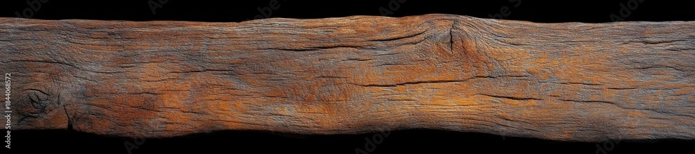 Obraz premium long weathered wooden beam with deep grain, knots and cracks on a black background, rustic orange-gray patina conveying aged, rugged calm