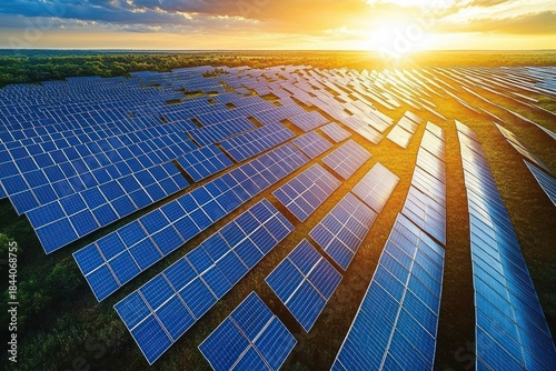 Aerial view of a vast solar panel farm at sunrise with glowing sunlight reflecting off rows of blue photovoltaic panels, evoking hope and clean sustainable energy