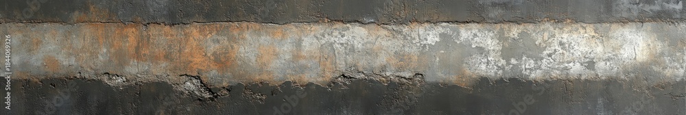 Fototapeta premium long weathered industrial wall with rust stains, peeling paint, flaking white layers and rough dark concrete evoking decay and urban grit