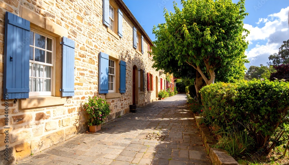 Fototapeta premium Historic stone buildings with colorful shutters
