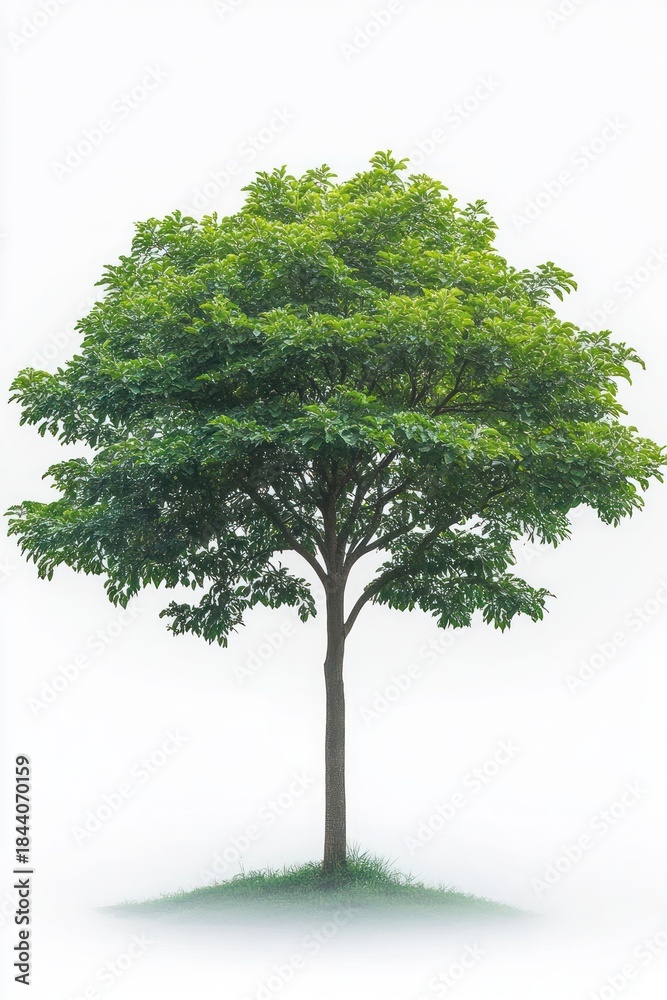 Obraz premium single lush green tree with broad leafy canopy and slender trunk standing on a small grassy mound isolated against a white background peaceful and serene