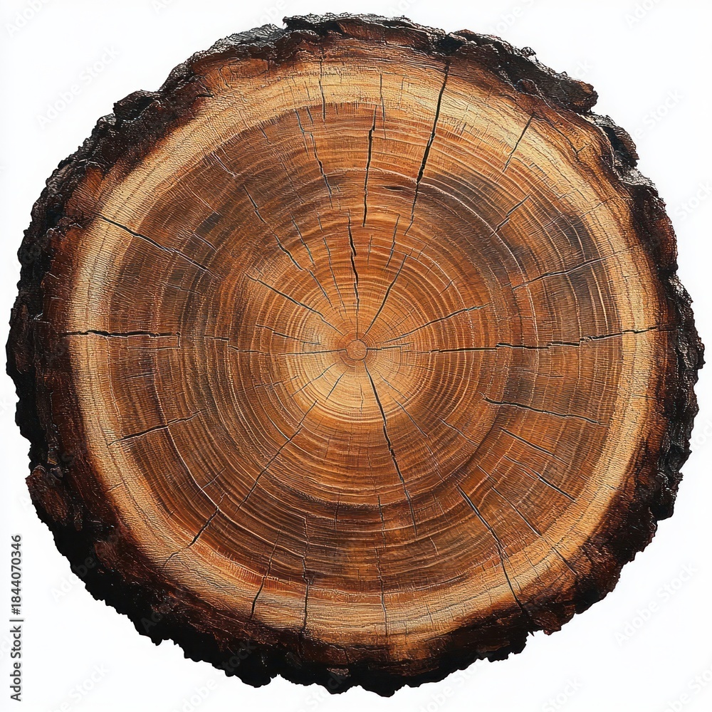 Obraz premium cross section of a tree trunk with concentric growth rings, cracked bark and warm wood texture conveying age and timeless natural beauty