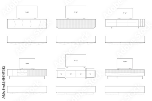 6 Collections Modern TV Stand / Media Console Cabinet Elevation Drawing. 24
