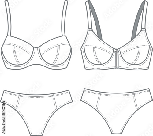 Lingerie set flat sketch vector fashion illustration, technical drawing bra and knickers briefs, women’s underwear clothing apparel template, front and back view, realistic detailed design
