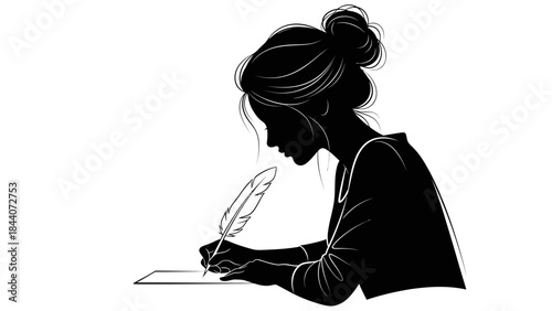 Silhouette of Woman Writing with Quill – Elegant Literary Female Illustration