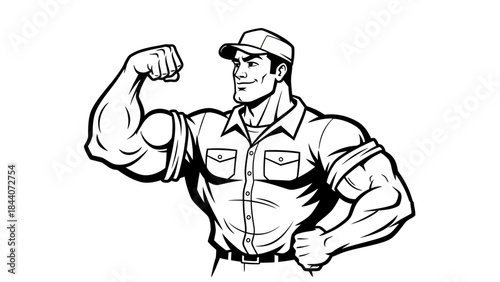 Strong Mechanic Flexing Muscle Line Art – Powerful Worker Cartoon Illustration