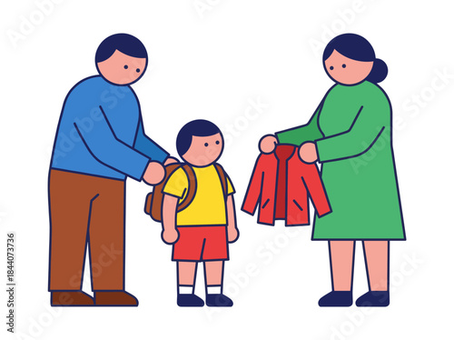 Family preparing child for school with backpack and jacket.