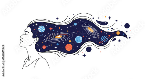 Woman's profile with flowing hair depicting a cosmic landscape of galaxies, planets, and stars, symbolizing imagination, dreams, and the universe within.