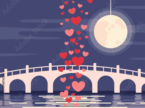 Hearts Falling on Bridge at Night Illustration