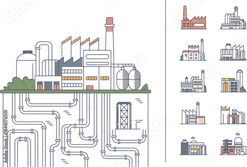 Industrial Factory Complex with Underground Piping System and Various Factory