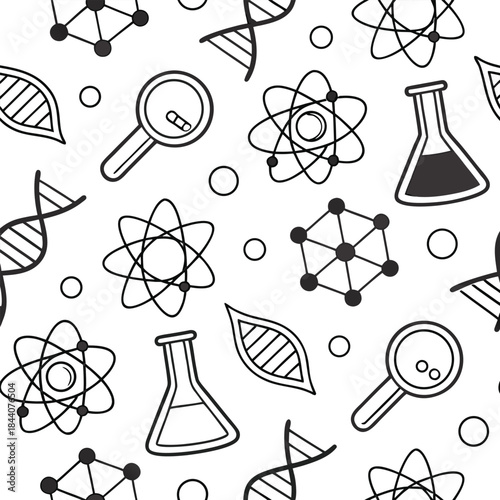 Seamless pattern with science elements including dna strands atoms molecules flasks and magnifying glasses