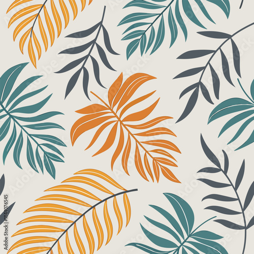 Seamless pattern of stylized tropical leaves in shades of orange, teal, and gray on a light background