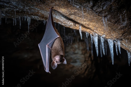 Tiny Brown Bat Hanging Upside Down in a Cave Setting