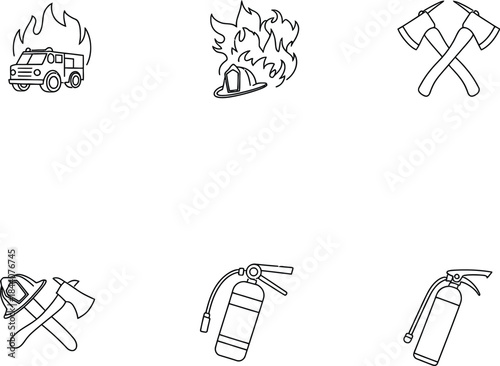 Firefighter Truck, Helmet, Axes, and Extinguishers