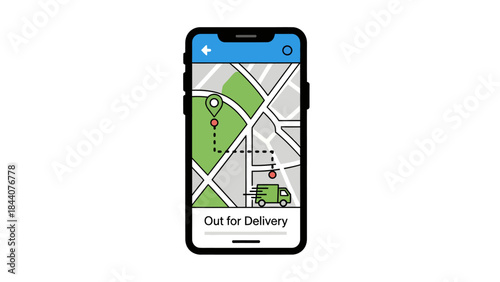 Smartphone with GPS map showing a delivery truck 'Out for Delivery', symbolizing logistics and mobile tracking