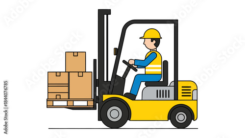 Illustration of a Forklift Truck Operator Moving Boxes on a Pallet in a Warehouse