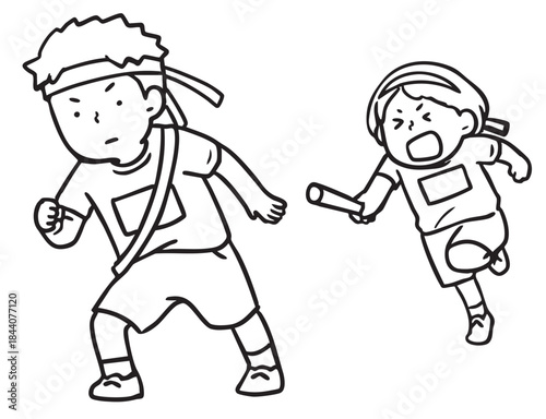 運動会のリレーのバトンパス_線画