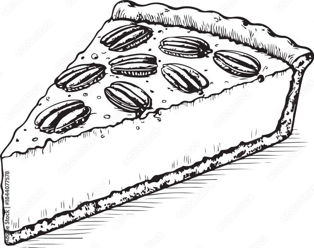 Obraz premium Pecan Pie Slice Dessert Hand-drawn Sketch Drawing Vector Illustration, Line Linear Symbol Engraving Coloring Book, Black and White Isolated
