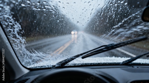 Windshield wipers cleaning rain from a car window, representing driving safety in bad weather.
