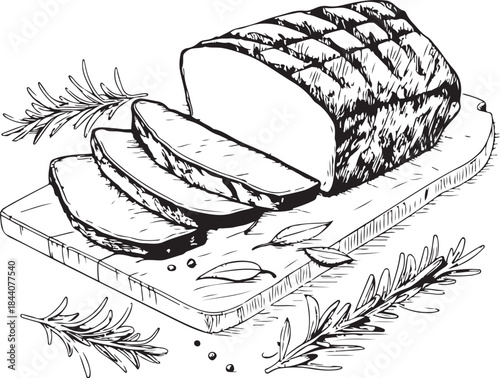 Pastrami Sliced Hand-drawn Sketch Drawing Vector Illustration, Line Linear Symbol Engraving Coloring Book, Black and White Isolated