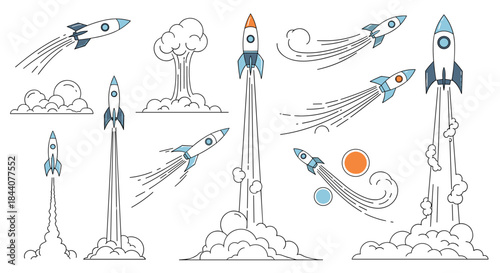 Set of diverse line art rocket illustrations depicting spacecraft launches, dynamic flight paths, and powerful propulsion with smoke trails.