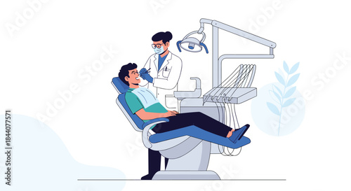 A dentist in a mask and uniform examines a male patient's teeth during a routine check-up in a modern dental clinic.