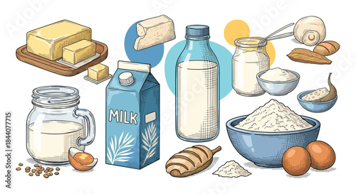 A collection of essential baking and dairy ingredients including milk, butter, flour, and eggs, illustrated in a vintage engraved style.