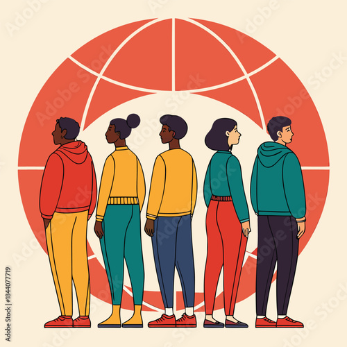 Five diverse people stand in front of a red globe illustration facing to the right side of the image