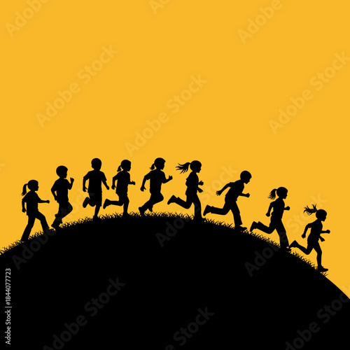 Joyful Children Silhouettes Running Down a Hill against a Bright Yellow Sky, Symbolizing Play, Freedom, and Childhood Energy