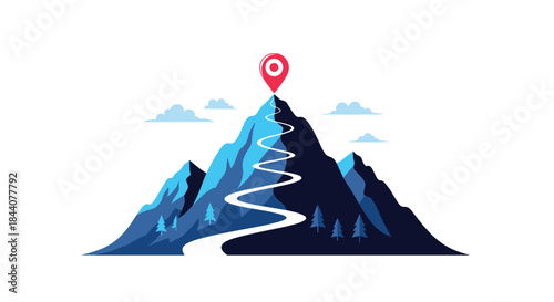 A winding path ascends a tall mountain, reaching a peak marked by a red location pin, symbolizing a journey toward a destination or goal.