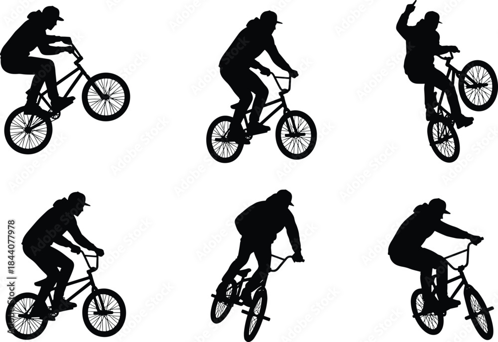 Fototapeta premium BMX rider silhouette set, stunt poses, freestyle tricks, cap figure, black vector art, extreme sport icon, motion sequence