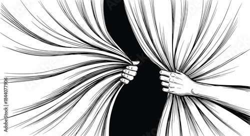Two hands dramatically pull back curtains, revealing a mysterious dark opening, rendered in a bold black and white line art illustration.