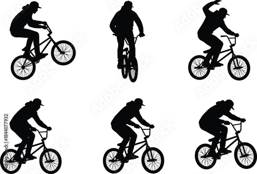 BMX cyclist silhouette set performing tricks, extreme sports action, urban freestyle biking poses, isolated black vector illustration