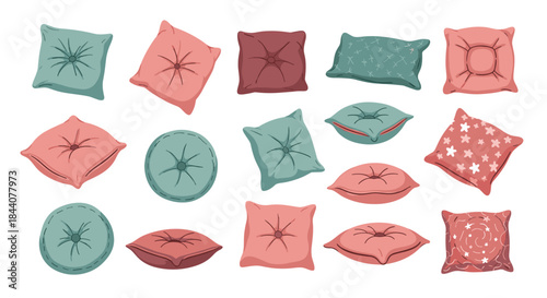 Collection of colorful decorative pillows and cushions in various shapes, styles, and patterns, isolated on a white background.