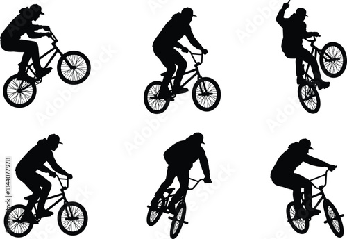 BMX rider silhouette set, stunt poses, freestyle tricks, cap figure, black vector art, extreme sport icon, motion sequence