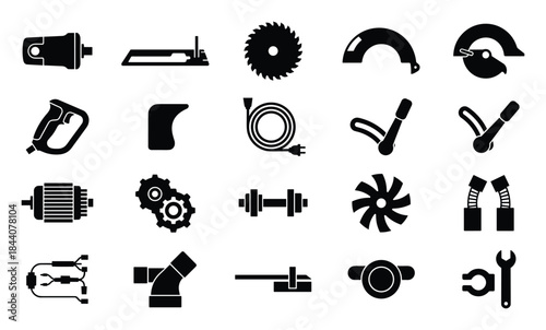 A collection of circular saw components illustrated in a minimalist style.