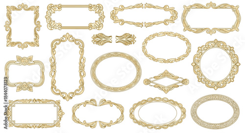 A collection of various ornate golden frames with intricate scrollwork and elegant vintage designs, suitable for antique or luxury themes.