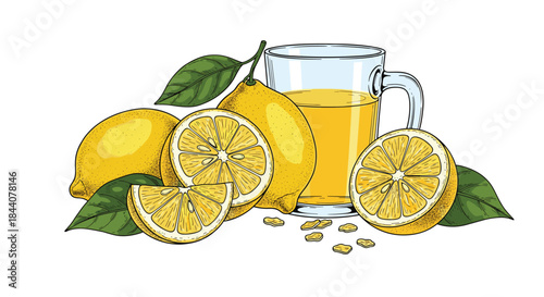 Vibrant hand-drawn illustration featuring fresh whole and sliced lemons, a glass of natural lemon juice, and scattered seeds with green leaves.