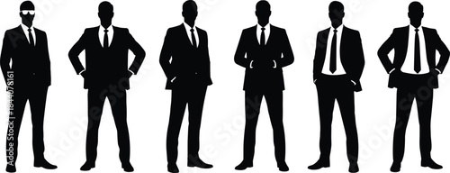 Business men silhouette collection in suits, confident professional poses standing executives, corporate leadership style, black human outline vector illustration set