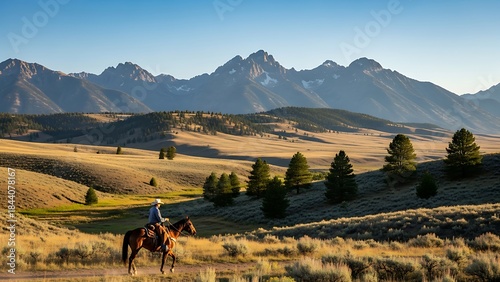 Horseback rider navigates a stunning western landscape with golden hills and towering mountains under a clear sky, embodying freedom and wilderness adventure.
