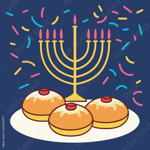 Illustration of a menorah with lit candles, sufganiyot, and confetti on a dark blue background