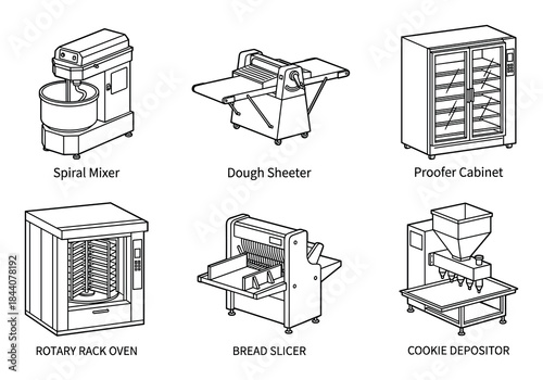 Bakery Equipment Line Art: Spiral Mixer, Dough Sheeter, Proofer, and More
