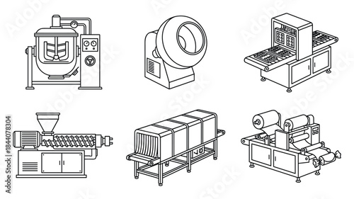 Various Food Industry Machinery Outlined in Black and White Vector Set