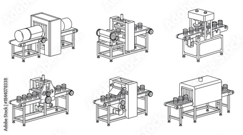 Automated Industry: Set of Engineering Illustrations of Industrial Machines