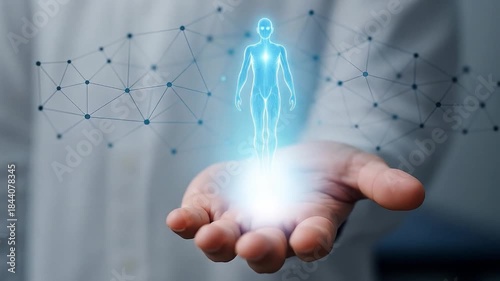 AI generated futuristic medical concept showing a glowing human hologram floating above a doctor's hand with abstract network links representing digital connection and advanced healthcare technology