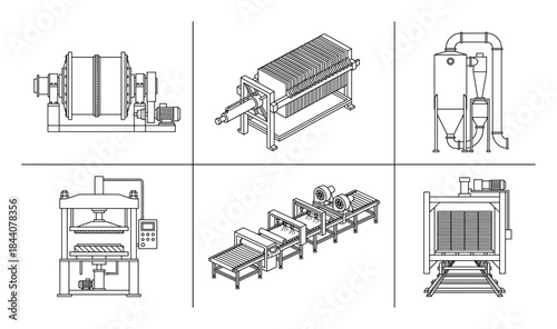 Detailed blueprint illustration of different types of industrial machinery.