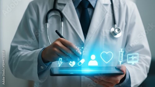 AI generated futuristic doctor using a stylus and tablet to interact with glowing medical icons representing healthcare services innovation and technology in clinical practice
