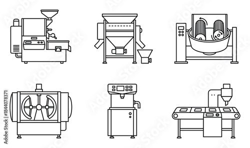 Set of Industrial Machinery Line Art Icons for Manufacturing Processes